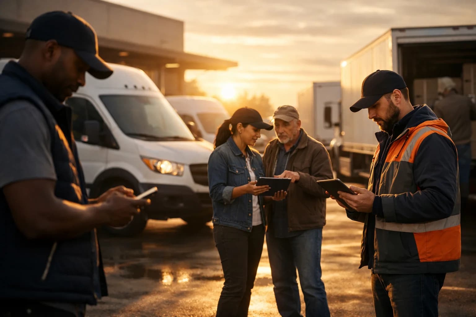 Owner operators using tablet in logistics yard
