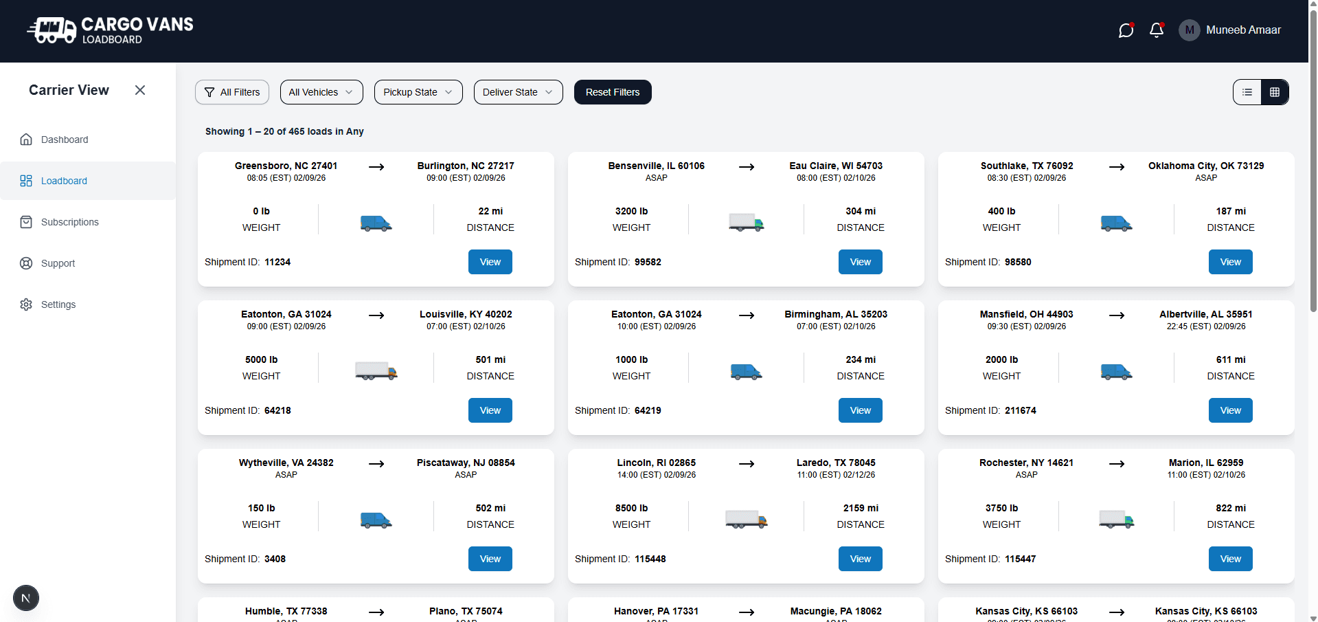 CargoVans Loadboard desktop card view showing available loads
