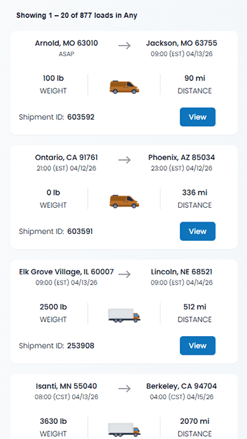 CargoVans Loadboard mobile card view showing available loads