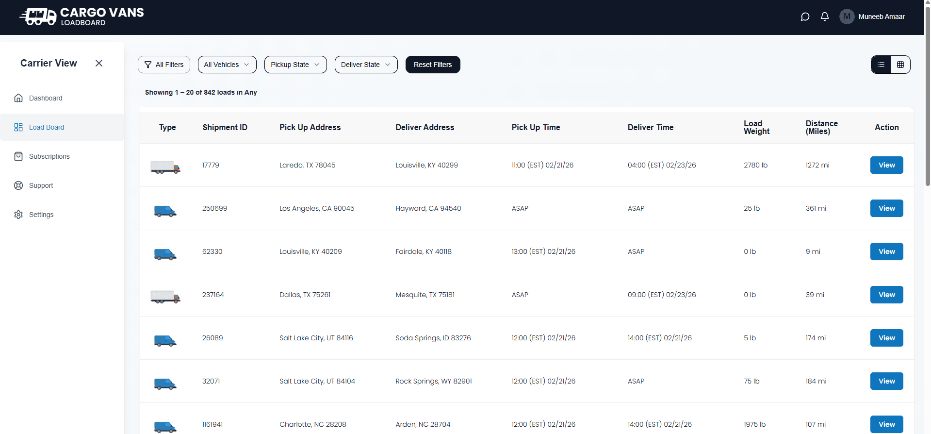 CargoVans Loadboard desktop table view showing filters and available loads