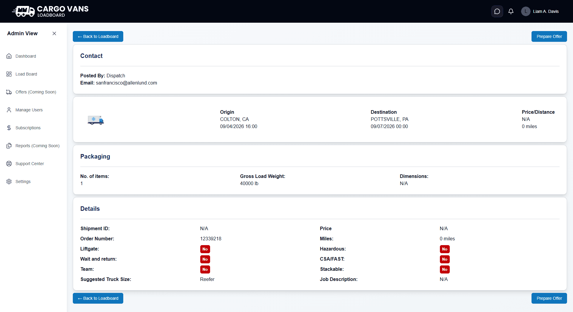 CargoVans Load Information page showing contact, origin, destination, packaging, and load details