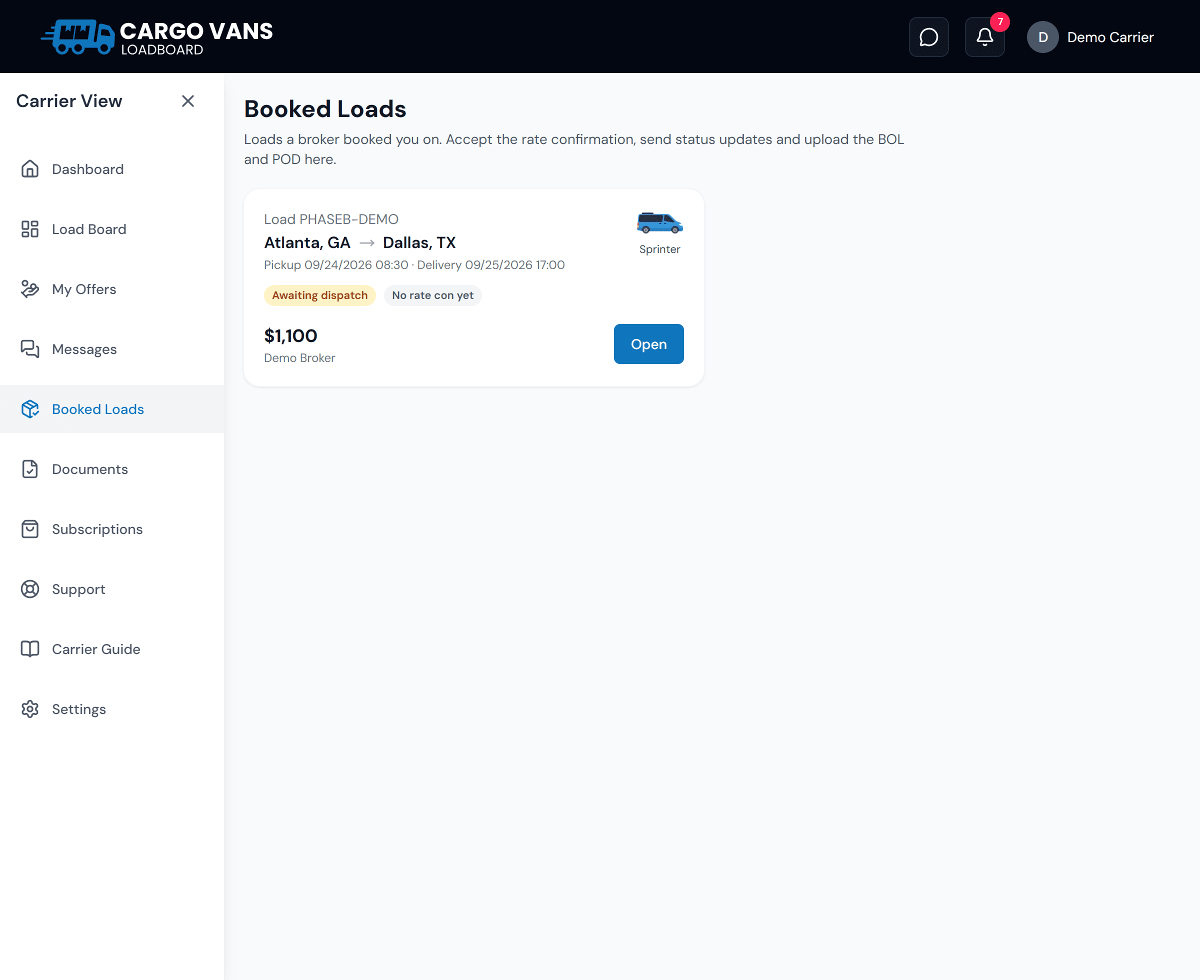 A booked shipment with tracking, documents and messages