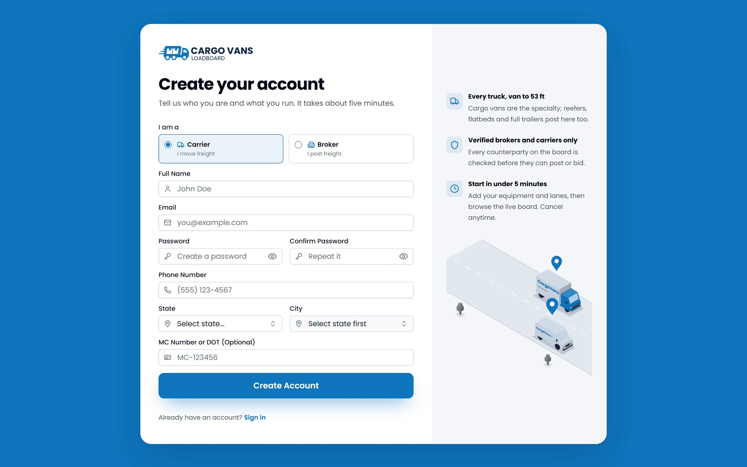 Creating an account and adding equipment or company details